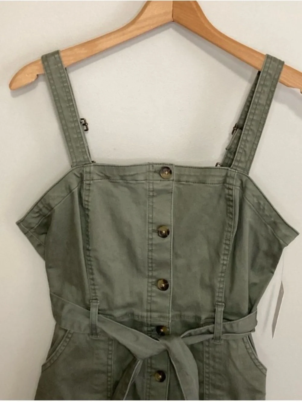 NWT Olive Green Button-Front Tie-Waist Mini Dress, Size Large, SO